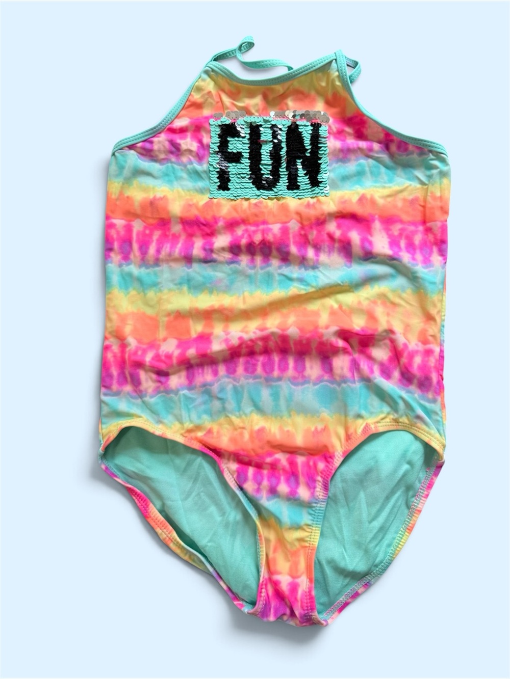Kids' Multicolor Tie-Dye One-Piece Swimsuit with 'FUN' Sequin Detail